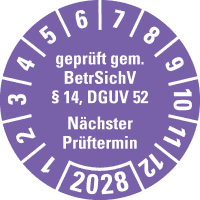 Prüfpl. BetrSichV §14, DGUV52, NP, 2028, violett, Folie, Spezialkleber, Ø30mm, 18/Bogen