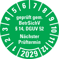 Prüfpl. BetrSichV §14, DGUV52, NP, 2029, grün, Folie, Spezialkleber, Ø30mm, 18/Bogen