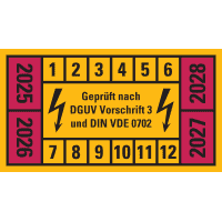 Prüfplakette n.DGUV 3 25-28, gelb/rot, Dokumentenfolie, selbstkl.,45x25mm,12/Bogen