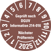 Prüfplakette Geprüft DGUV Info. 214-016 NP 2025, braun, Dokufolie, Ø 30mm,18/Bogen