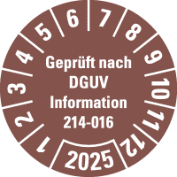Prüfplakette Geprüft DGUV Info. 214-016,2025, braun, Dokufolie, Ø 30mm,18/Bogen