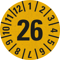 Prüfplakette 26, gelb, Primärfaser-Graspapier, Ø 30mm, 18/Bogen
