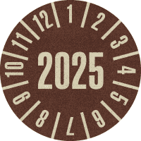 Prüfplakette 2025, braun, Primärfaser-Graspapier, selbstkl., Ø 30mm, 500/Rolle