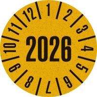 Prüfplakette 2026, gelb, Primärfaser-Graspapier, Ø 30mm, 18/Bogen