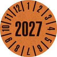 Prüfplakette 2027, orange, Primärfaser-Graspapier, Ø 30mm, 18/Bogen