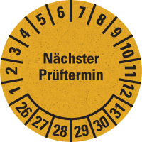 Prüfplakette Nä. Prüftermin 26-31, gelb, Primärfaser-Graspapier, Ø 30mm, 18/Bogen