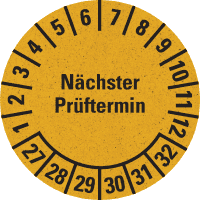 Prüfplakette Nä. Prüftermin 27-32, gelb, Primärfaser-Graspapier, Ø 30mm, 18/Bogen