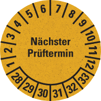 Prüfplakette Nä. Prüftermin 28-33, gelb, Primärfaser-Graspapier, Ø 30mm, 18/Bogen