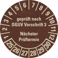 Prüfplakette gepr.DGUV V3 NP,25-30, braun, Primärfaser-Graspapier, Ø 30mm,18/Bogen