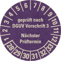 Prüfplakette gepr.DGUV V3 NP, 28-33, violett, Primärfaser-Graspapier, Ø30mm, 18/Bogen