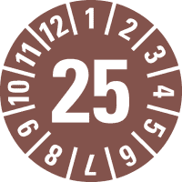 Prüfplakette 25, braun, Cellulose-Folie, selbstklebend, Ø 30mm, 500/Rolle