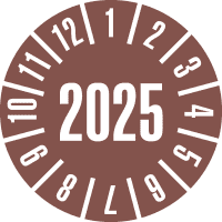 Prüfplakette 2025, braun, Cellulose-Folie, selbstklebend, Ø 30mm, 500/Rolle