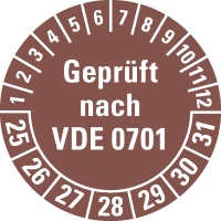 Prüfplakette geprüft nach VDE 0701,25-31, braun, Dokumentenfolie, Ø 30mm,108/Hef