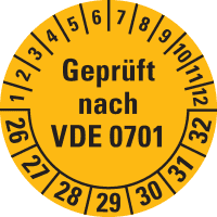 Prüfplakette Geprüft nach VDE 0701,26-32, gelb, Dokumentenfolie, Ø 30mm,18/Bogen