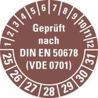 Prüfpl.Gepr.n.DIN EN 50678(VDE 0701) 25-31, braun, Dokumentenfolie, Ø 30mm,108/Heft
