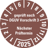 Prüfplakette gepr.n.DGUV Vorschr.3 NP 2025, braun, Dokufolie, Ø25mm, 500/Rolle