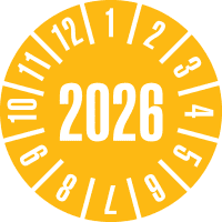 Prüfplakette 2026, gelb, Schachbrettfolie, selbstklebend, Ø 30mm, 18/Bogen