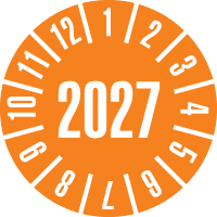 Prüfplakette 2027, orange, Schachbrettfolie, selbstklebend, Ø 30mm, 18/Bogen