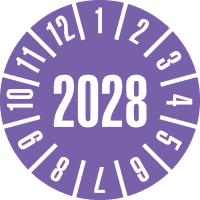 Prüfplakette 2028, violett, Schachbrettfolie, selbstklebend, Ø 30mm, 18/Bogen