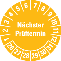 Prüfplakette Nächster Prüftermin 26-31, gelb, Schachbrettfolie, Ø 30mm, 18/Bogen