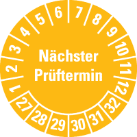 Prüfplakette Nächster Prüftermin 27-32, gelb, Schachbrettfolie, Ø 30mm, 18/Bogen