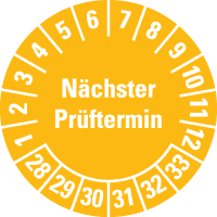 Prüfplakette Nächster Prüftermin 28-33, gelb, Schachbrettfolie, Ø 30mm, 18/Bogen