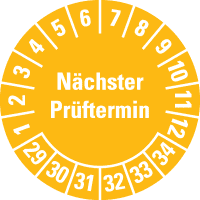 Prüfplakette Nächster Prüftermin 29-34, gelb, Schachbrettfolie, Ø 30mm, 18/Bogen