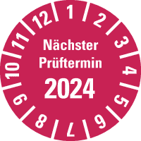 Prüfplakette Nächster Prüftermin 2024, rot, Polyesterfolie, Spez., Ø20mm,36/Bogen