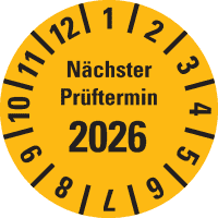 Prüfplakette Nächster Prüftermin 2026, gelb, Polyesterfolie, Spez., Ø 20mm, 36/Bogen