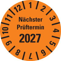 Prüfplakette Nächster Prüftermin 2027, orange, Polyesterfolie, Spez., Ø20mm, 36/Bogen