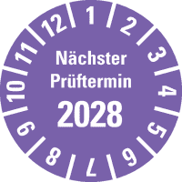 Prüfplakette Nächster Prüftermin 2028, violett, Polyesterfolie, Spez.Ø20mm, 36/Bogen