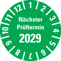 Prüfplakette Nächster Prüftermin 2029, grün, Polyesterfolie, Spez.Ø20mm, 36/Bogen