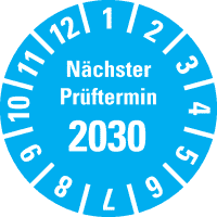 Prüfplakette Nächster Prüftermin 2030, hellblau, Polyesterfolie, Spez.Ø 20mm, 36/BOG