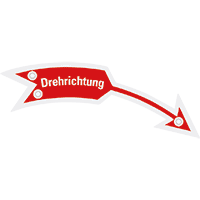Drehrichtungspfeil rechts mit Text, rot, Aluminium eloxiert, 105x21mm