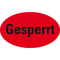 Organisationsetikett Gesperrt, oval rot, Haftpapier, ablösbar,90x53mm,500/Rolle