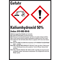 GHS-Etikett Kaliumhydroxid 50%, gem.GefStoffV/GHS/CLP, Folie,52x74mm,10/Bogen