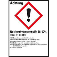 GHS-Etikett Natriumhydrogensulfit 38-40%, GefStoffV/GHS/CLP,52x74mm,10/Bogen