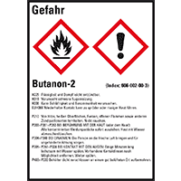 Gefahrstoffetikett Butanon-2, gem.GefStoffV/GHS/CLP, Folie, 52x74mm, 10/Bogen