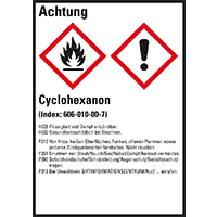 GHS-Etikett Cyclohexanon, gem.GefStoffV/GHS/CLP, Folie, 52x74mm, 10/Bogen