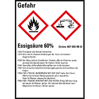 GHS-Etikett Essigsäure 60%, gem.GefStoffV/GHS/CLP, Folie, 52x74mm, 10/Bogen