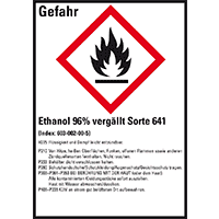 GHS-Etik.Ethanol 96% vergällt Sorte 641, gem.GefStoffV/GHS/CLP,52x74mm,10/Bogen