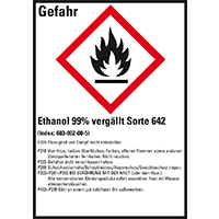 GHS-Etik.Ethanol 99% vergällt Sorte 642, gem.GefStoffV/GHS/CLP,52x74mm,10/Bogen