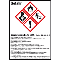 GHS-Etik.Spezialbenzin Sorte 60/95, gem.GefStoffV/GHS/CLP, Folie,52x74mm,10/Bogen
