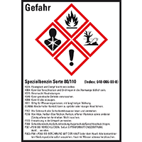 GHS-Etik.Spezialbenzin Sorte 80/110, gem.GefStoffV/GHS/CLP, Folie,52x74mm,10/Bogen
