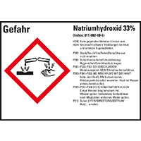 GHS-Etikett Natriumhydroxid 33%, gem.GefStoffV/GHS/CLP, Folie,105x74mm,8/Bogen
