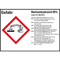GHS-Etikett Natriumhydroxid 45%, gem.GefStoffV/GHS/CLP, Folie,105x74mm,8/Bogen