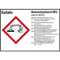 GHS-Etikett Natriumhydroxid 50%, gem.GefStoffV/GHS/CLP, Folie,148x105mm,4/Bogen