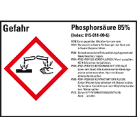 GHS-Etikett Phosphorsäure 85%, gem.GefStoffV/GHS/CLP, Folie,105x74mm,8/Bogen