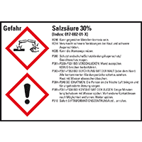 GHS-Etikett Salzsäure 30%, gem.GefStoffV/GHS/CLP, Folie,148x105mm,4/Bogen