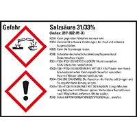 GHS-Etikett Salzsäure 31/33%, gem.GefStoffV/GHS/CLP, Folie,148x105mm,4/Bogen